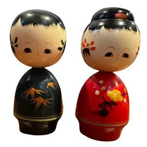 Vintage Genuine Wajima Lacquer Kokeshi Doll Set of 2 (Girl & Boy)